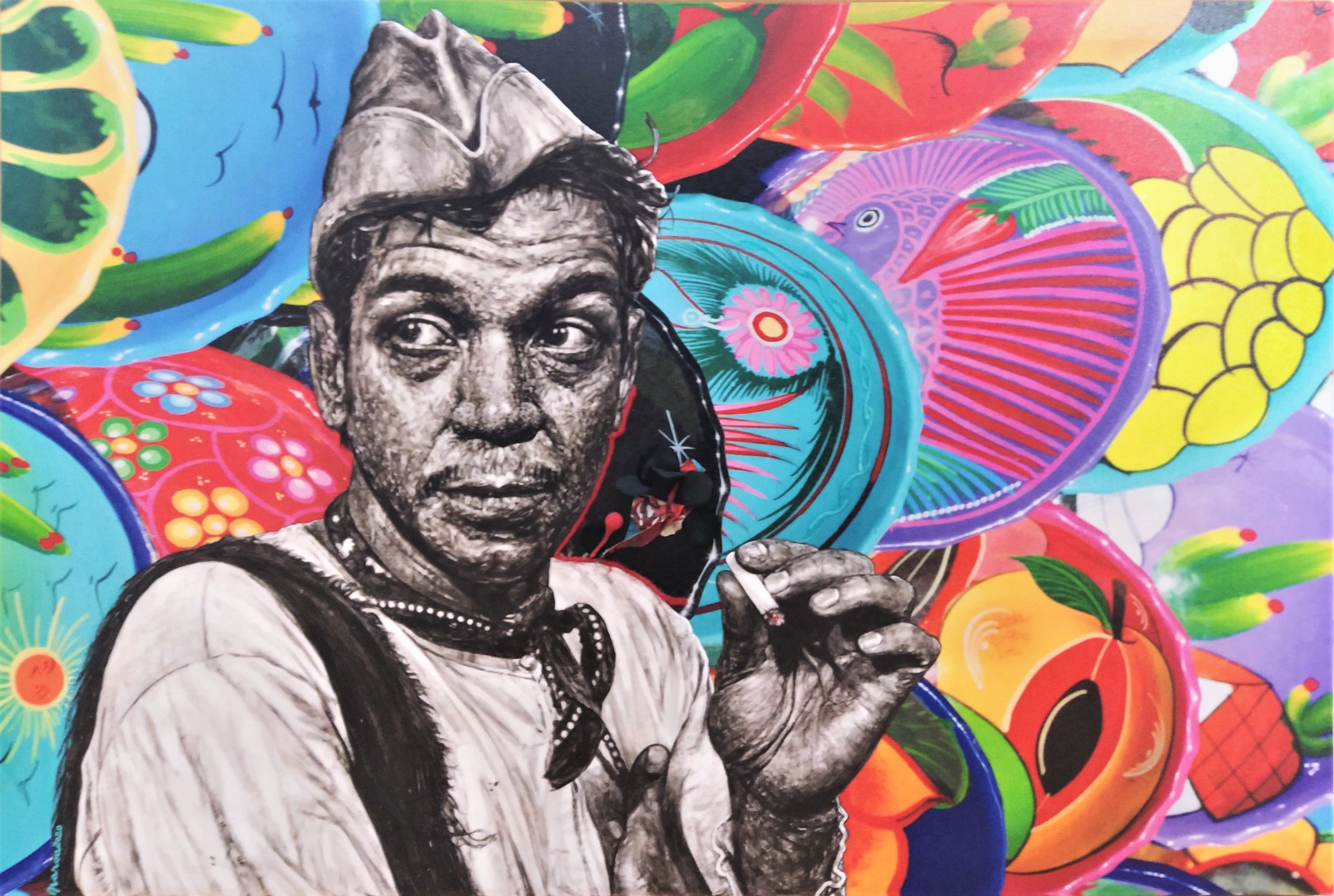 Cantinflowers: retrato de Cantinflas rodeado de formas y colores vivos